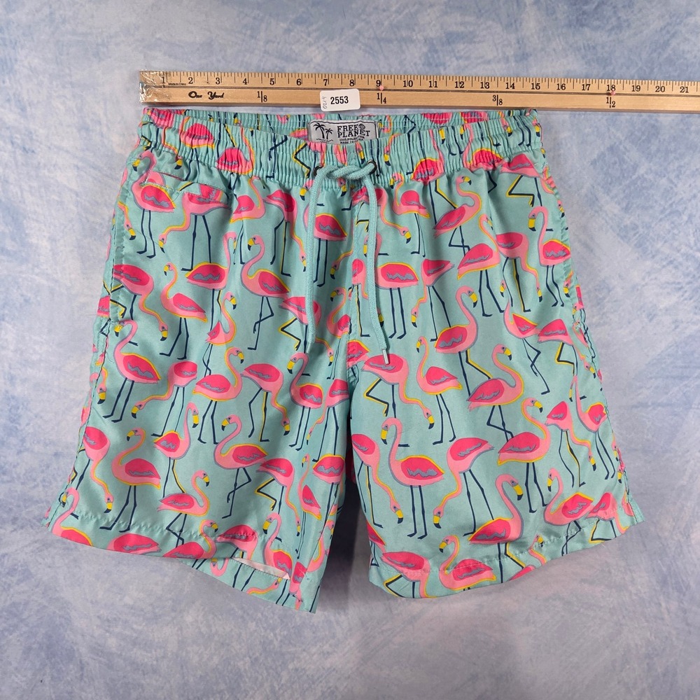 Free Planet Mens Flamingo‎ Print Swim Trunks Aqua Blue Pink Medium